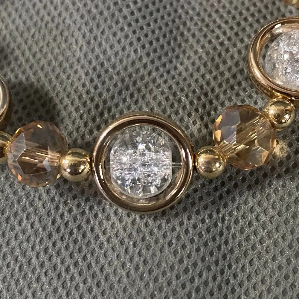 Crackled Glass Framed Beads Bracelet Clear Light Amber Gold Tone Stretch